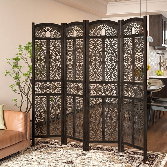 4-Panel Solid Room Divider Screen - 62" Freestanding Folding Privacy Partition with Walnut, Assembled Carved Chinese-Inspired Door for Home, Office, Bedroom - Walnut Wood (No Panels Removed)