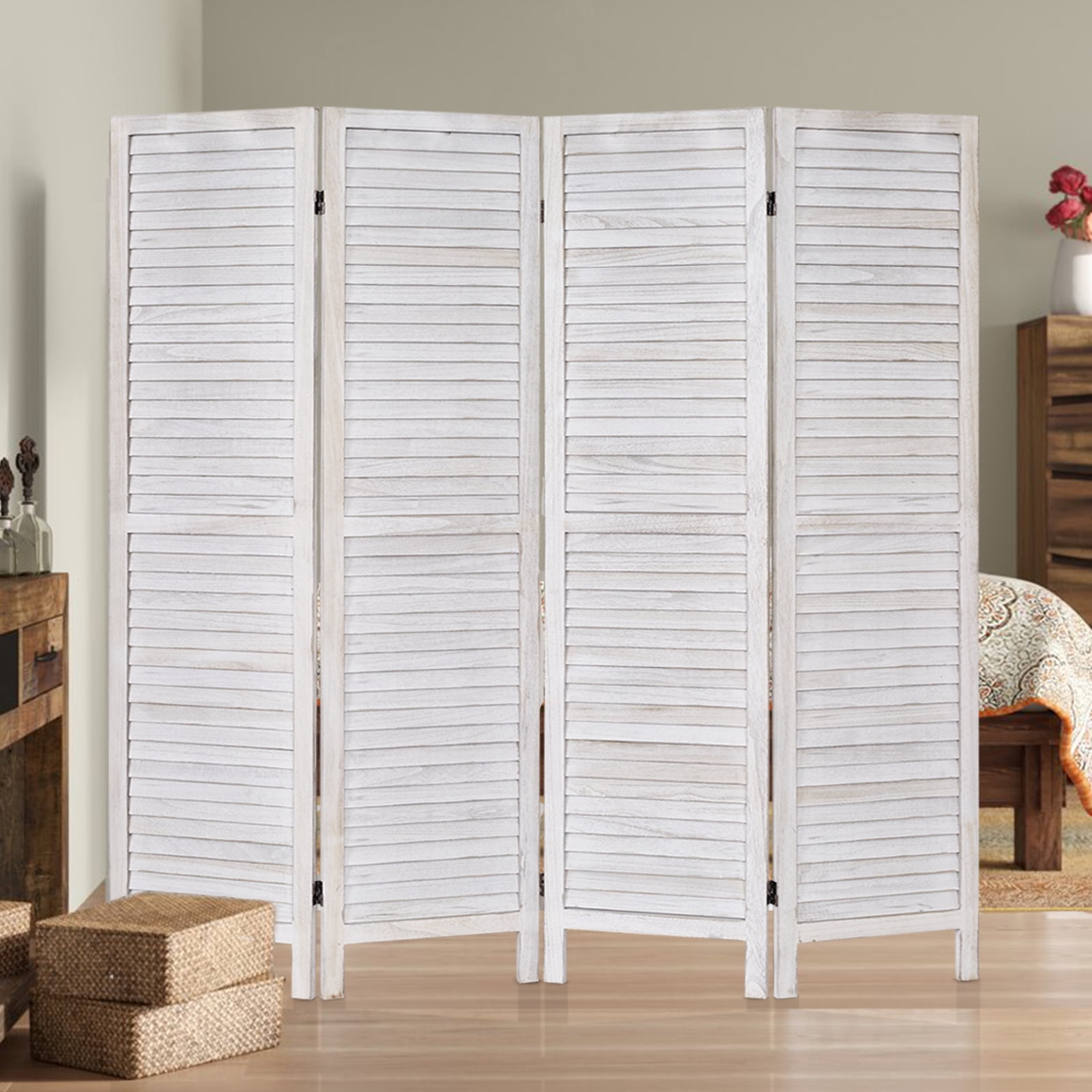 4 Panel Wood Room Divider,Freestanding Louvered Divider Screen for ...