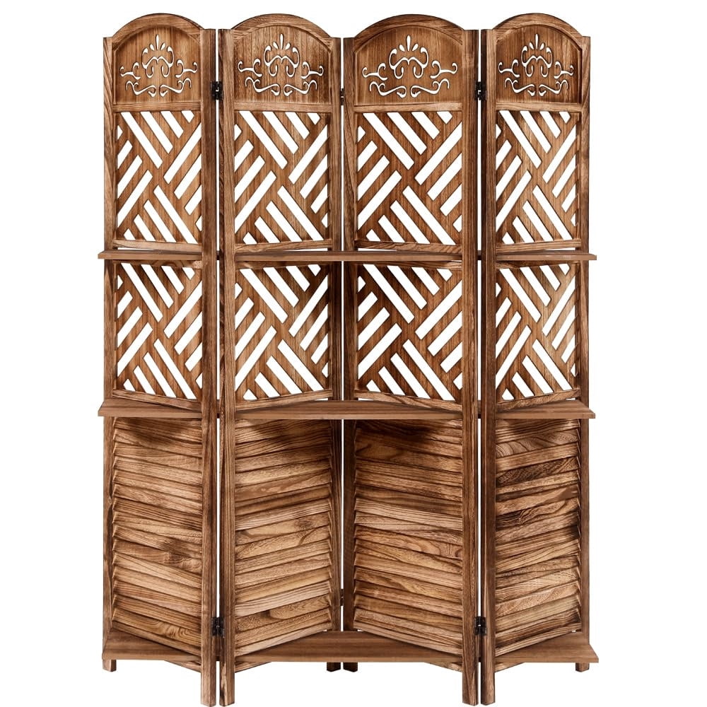 4-Panel Wooden Room Divider with Shelves & Holes - 67 Inch Tall Privacy ...