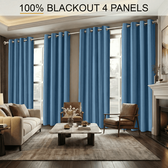 4 Panels 100% Blackout Curtains 52x84 Inch, Grommet Window Curtains for Bedroom & Living Room, Blue