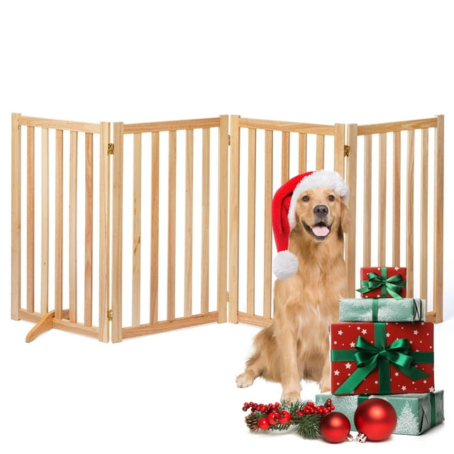 4 Panels 36" Freestanding Pet Gate, Solid Wood Folding Safety Fence