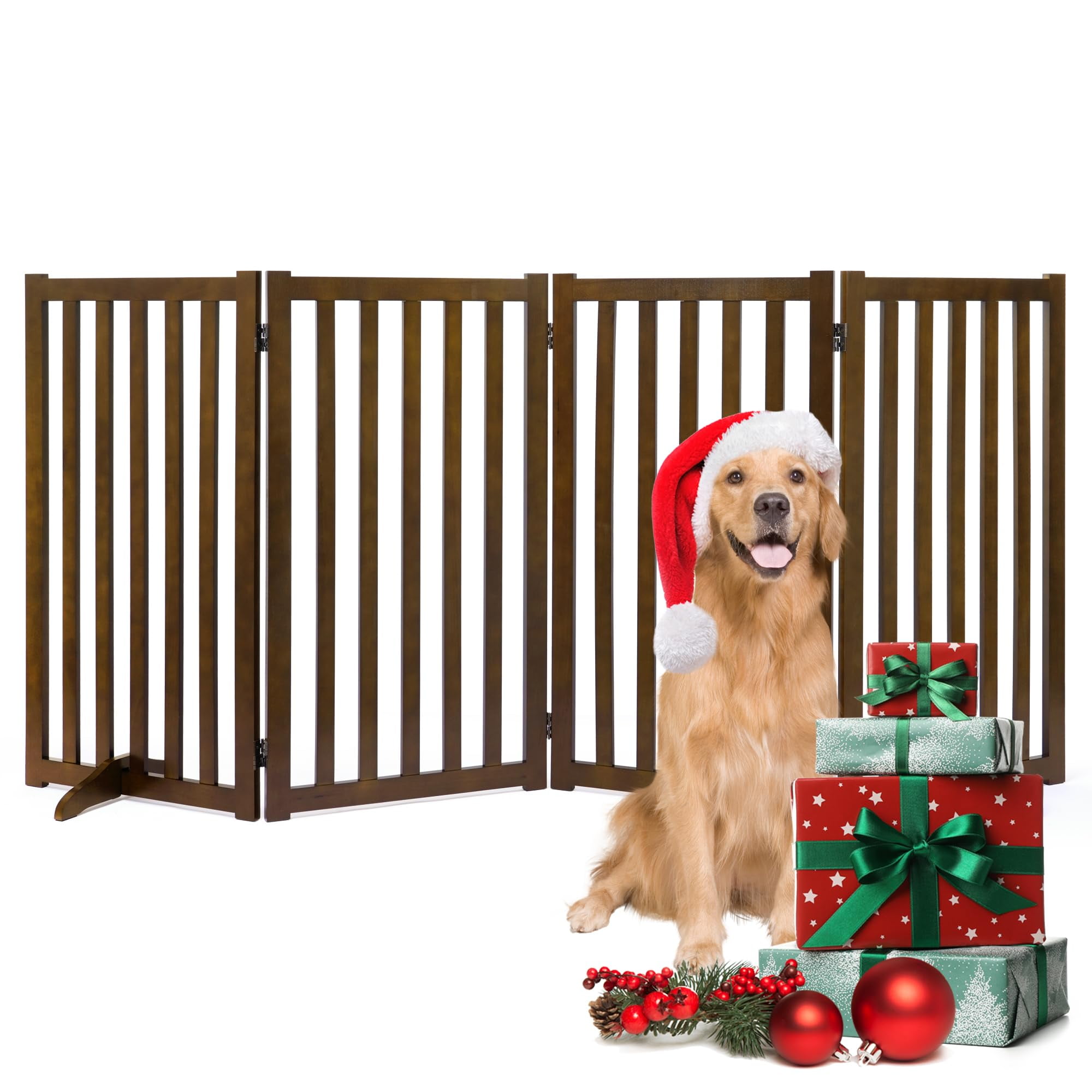 4 Panels 36" Freestanding Pet Gate, Solid Wood Folding Safety Fence