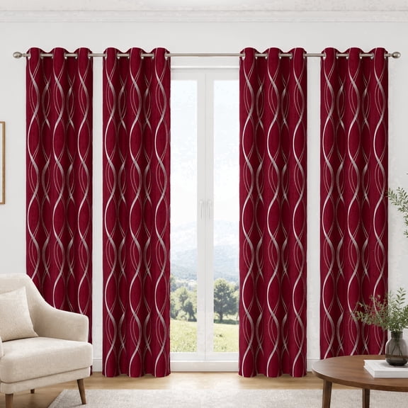 100% Blackout Curtains Silver Waves Lines Grommet Thermal Insulated Curtains for Living Room Bedroom Patio Door,WineRed,W37 x L54 inch (4 Panels)