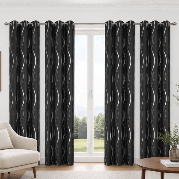 100% Blackout Curtains Silver Waves Lines Grommet Thermal Insulated Curtains for Living Room Bedroom Patio Door,Black,W37 x L54 inch (4 Panels)