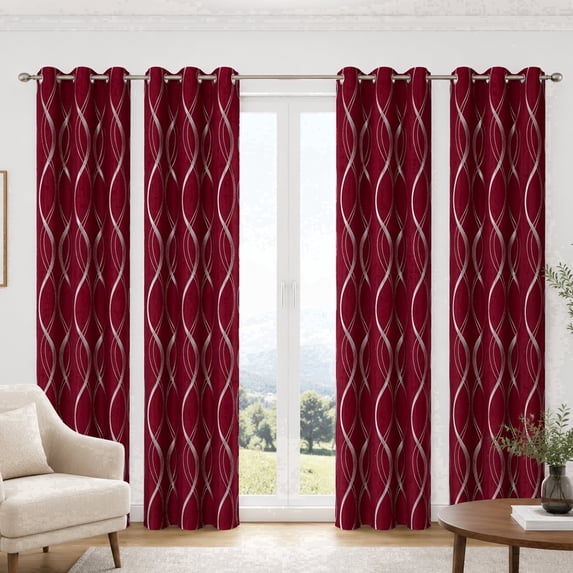 100% Blackout Curtains Silver Waves Lines Grommet Thermal Insulated Curtains for Living Room Bedroom Patio Door,Wine Red,W37 x L54 inch (4 Panels)