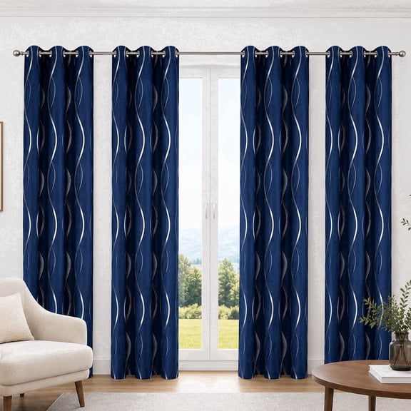 100% Blackout Curtains Silver Waves Lines Grommet Thermal Insulated Curtains for Living Room Bedroom Patio Door,NavyBlue,W37 x L54 inch (4 Panels)