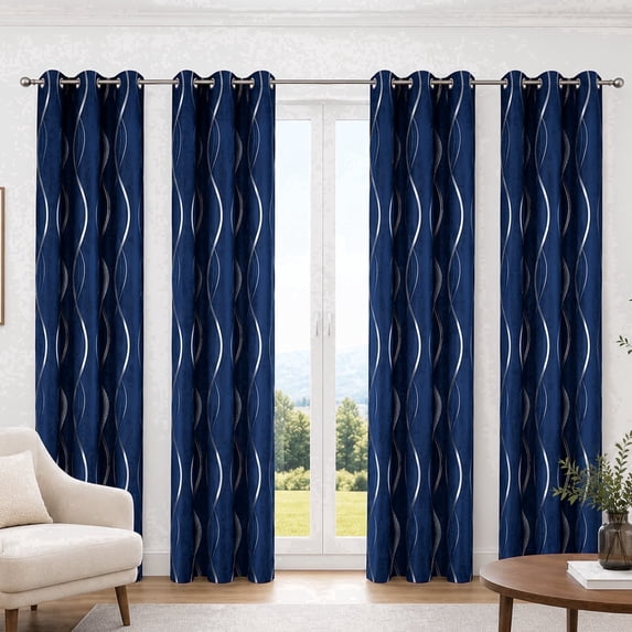 100% Blackout Curtains Silver Waves Lines Grommet Thermal Insulated Curtains for Living Room Bedroom Patio Door,NavyBlue,W37 x L54 inch (4 Panels)
