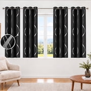 100% Blackout Curtains Silver Waves Lines Grommet Thermal Insulated Curtains for Living Room Bedroom Patio Door,Black,W37 x L54 inch (4 Panels)