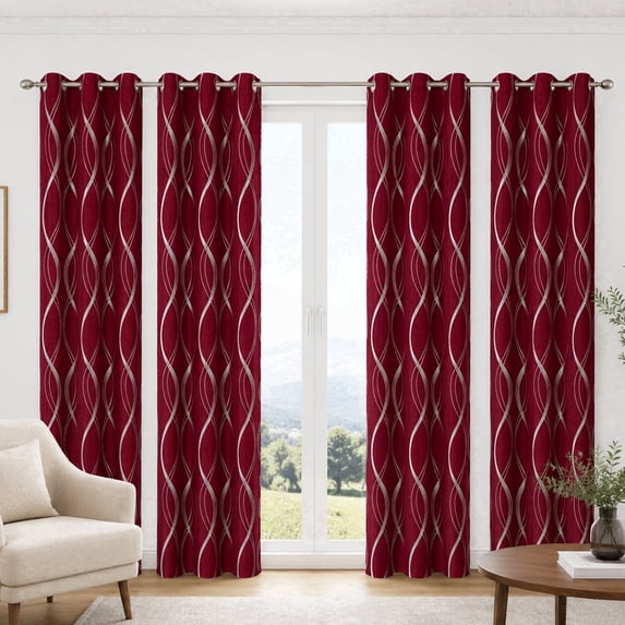 100% Blackout Curtains Silver Waves Lines Grommet Thermal Insulated Curtains for Living Room Bedroom Patio Door,WineRed,W37 x L84 inch (4 Panels)