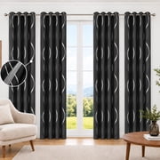 100% Blackout Curtains Silver Waves Lines Grommet Thermal Insulated Curtains for Living Room Bedroom Patio Door,Black,W37 x L84 inch (4 Panels)
