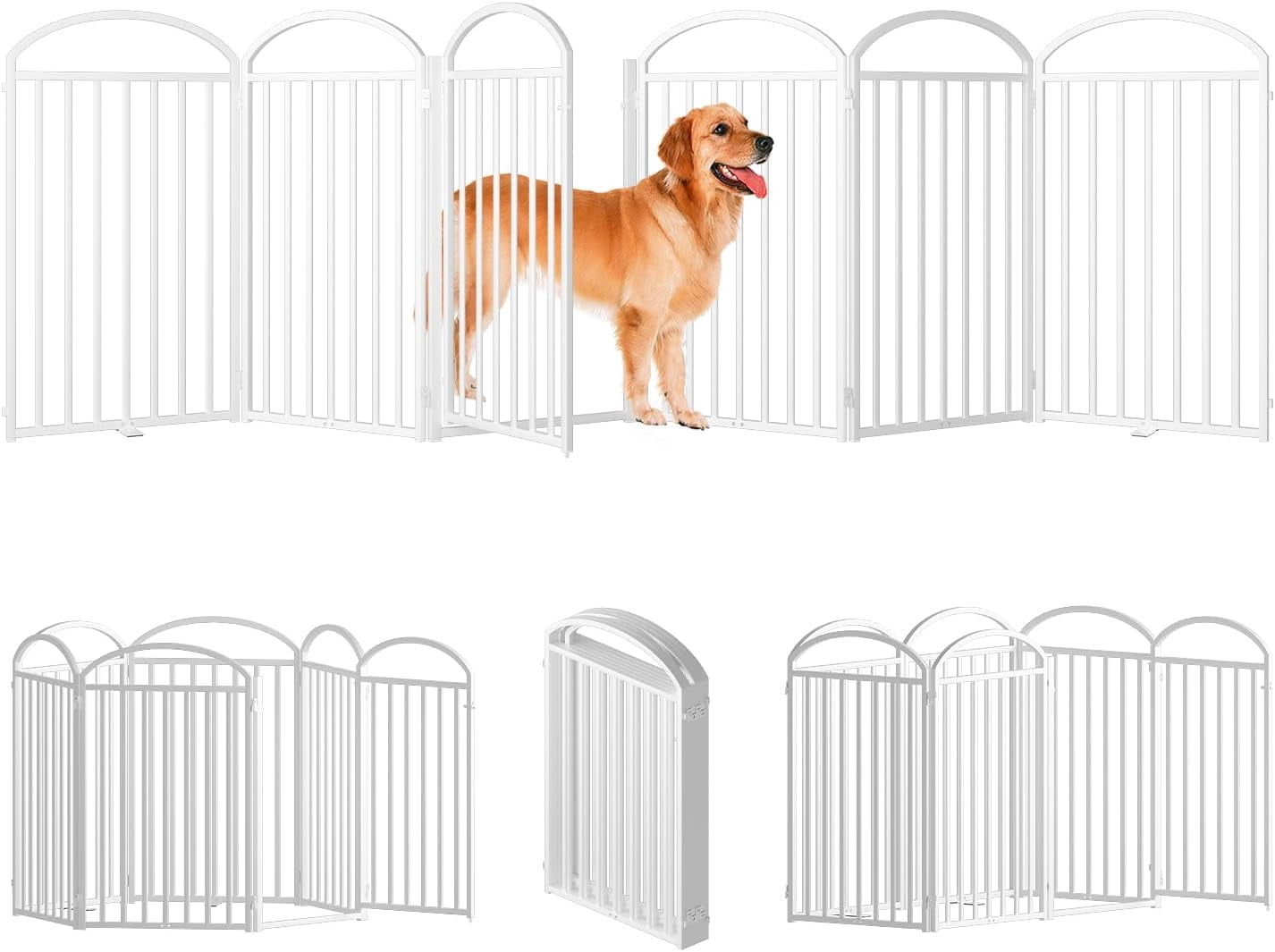4 Panels Full Matel Freestanding Dog Gates with Door, 96"Extra Wide 32"Tall Free Standing Dog Pet Gate for Indoor & Outdoor. Foldable Pet Fences for Doorways, House, Stairs, Porch, Deck, Yard
