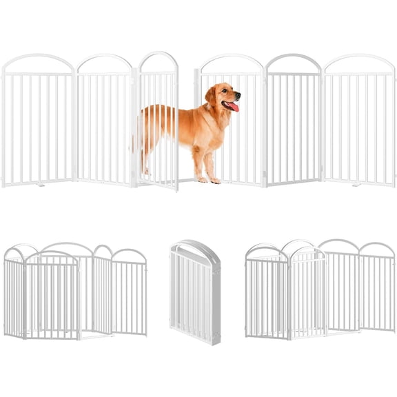 4 Panels Full Matel Freestanding Dog Gates with Door, 96"Extra Wide 32"Tall Free Standing Dog Pet Gate for Indoor & Outdoor. Foldable Pet Fences for Doorways, House, Stairs, Porch, Deck, Yard