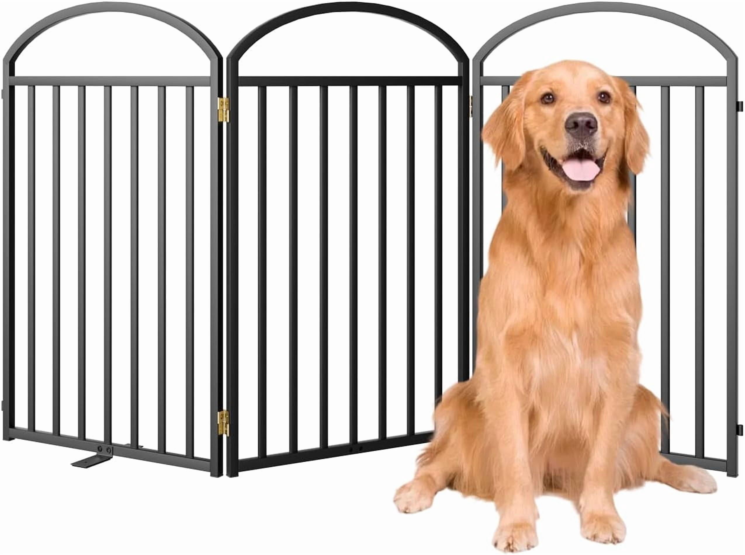 4 Panels Full Matel Freestanding Dog Gates with Door, 96"Extra Wide 32"Tall Free Standing Dog Pet Gate for Indoor & Outdoor. Foldable Pet Fences for Doorways, House, Stairs, Porch, Deck, Yard