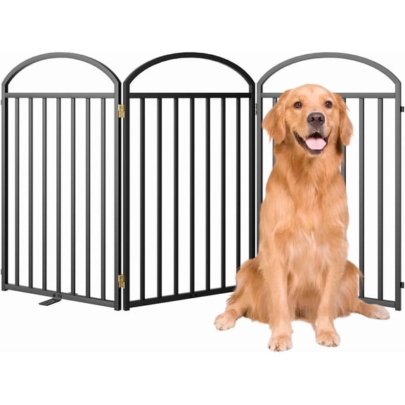 4 Panels Full Matel Freestanding Dog Gates with Door, 96"Extra Wide 32"Tall Free Standing Dog Pet Gate for Indoor & Outdoor. Foldable Pet Fences for Doorways, House, Stairs, Porch, Deck, Yard