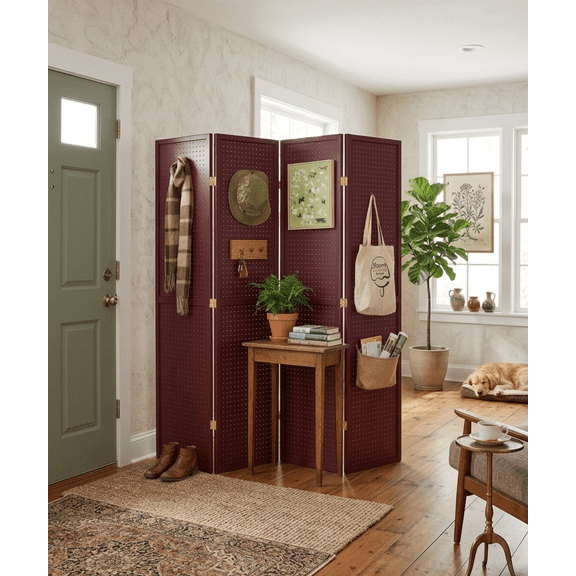 Room Divider Folding Screen Pegboard Insert 4 Panels Red Color Freestanding 71" High x 70" Wide