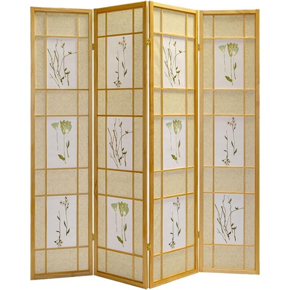 4 Panels Room Divider - Portable & Foldable Freestanding Room Privacy Screen - 71 Tall Botanical Floral Dressing Screen - Temporary Wall Partition for Home, Office & Studio, Natural