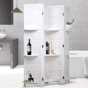 4 Panels Room Divider with Shelves - Folding Privacy Screen & Room Partition Separation for Home Office, Study, Art Display | Wooden Separator Wall for Adults & Families White
