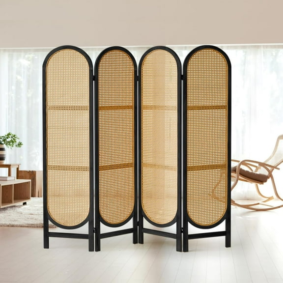 4 Panels Room Dividers and Hand-Woven Rattan Room Divider Wall, Wood Room Divider Folding Privacy Screens for Home Office Bedroom, Black