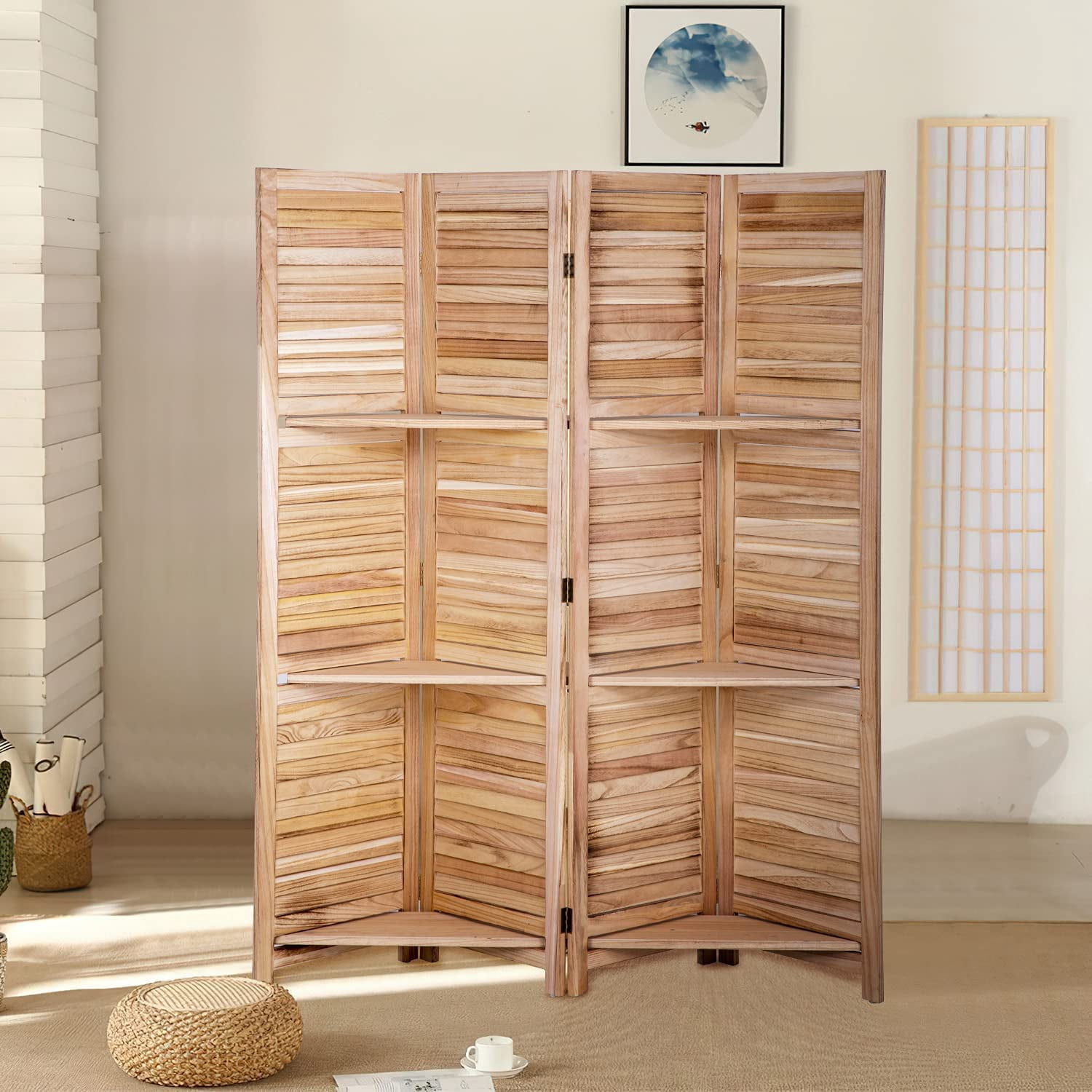 4 Panels Wood Room Dividers with 3 Display Shelves Folding Privacy ...