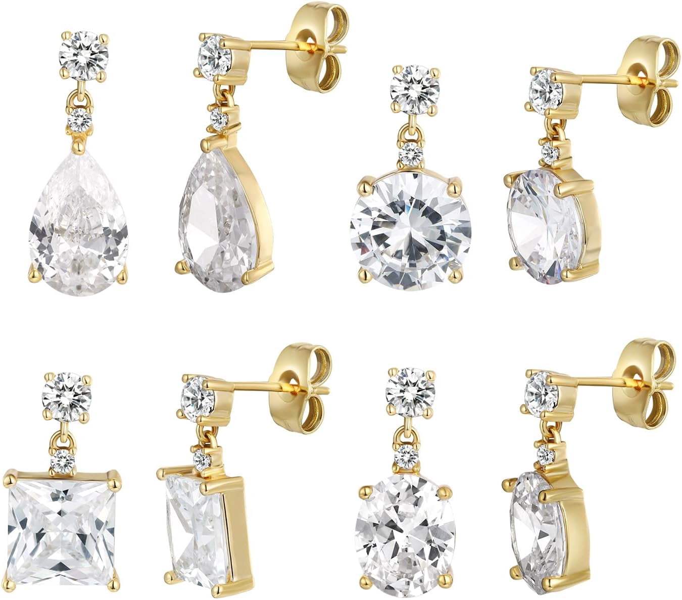 4 Paris Dangle Earrings Sets, 18K White Gold/Yellow Gold Plated Round Princess Cut Clear Cubic Zirconia Tear Drop Dangle Earrings For Women Hypoallergenic Earrings Jewelry[Z1]