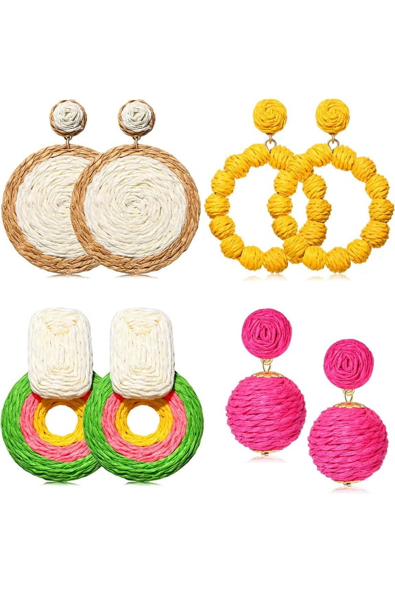 4 Paris Rattan Top Raffia Earrings, Statement Boho Earrings for Women, Woven Straw Drop Dangle Earrings, Handmade Geometric Summer Beach Earrings Gifts[t862]