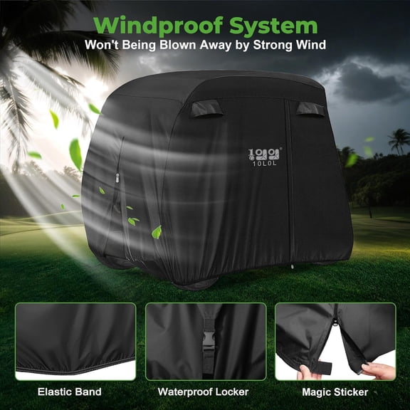 4 Passenger Golf Cart Cover for Yamaha EZGO Club Car, 400D Polyester All-Weather Waterproof Golf Cart Storage Cover with Three Zipper Doors-Black