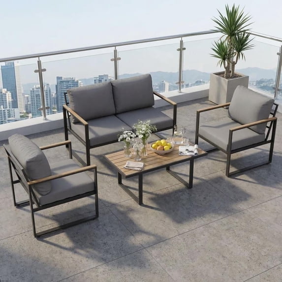 4-Patio Conversation Set w/ Metal Frame & PE Rope, Grey Waterproof Sofa ...