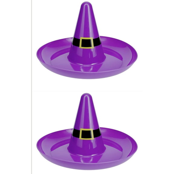 (2) Halloween Plastic Witch Hat Serving Tray, 13.5 inch, Purple and Black, Trick Or Treat Candy Popcorn Goodies Fruit Bowl Gift Party Decor