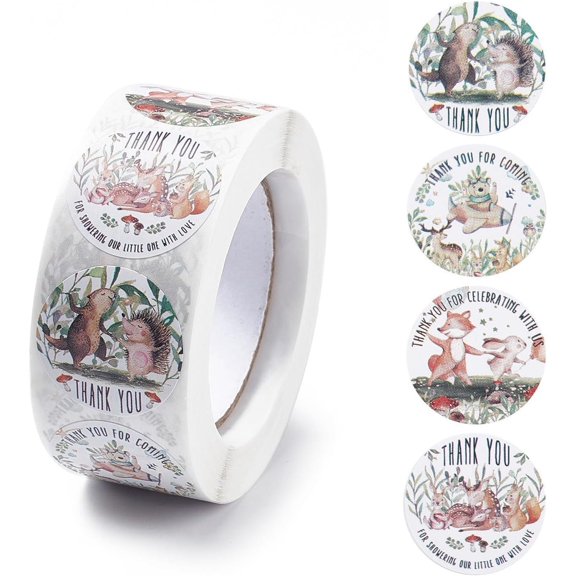 4 Patterns Autumn Theme Paper Thank You Gift Sticker Rolls Hedgehog & Squirrel & Mushroom Animal Pattern Colorful 25mm 500pcs/roll