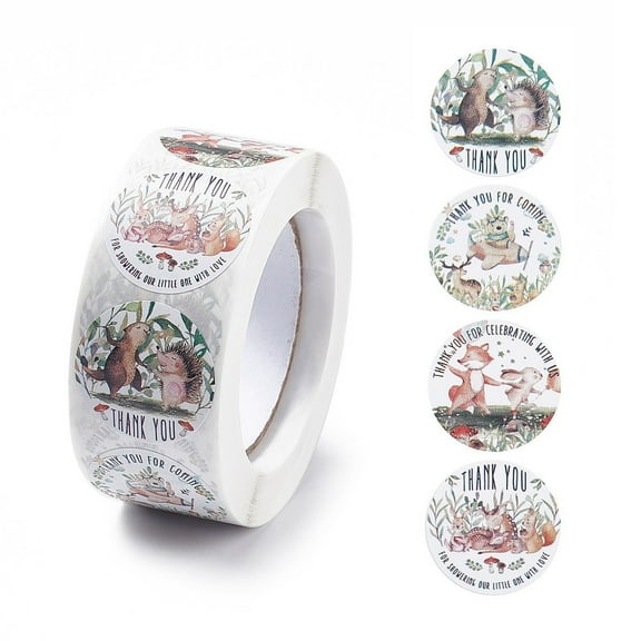 4 Patterns Autumn Theme Paper Thank You Gift Sticker Rolls Round Dot Decals for DIY Scrapbooking Craft Hedgehog Squirrel Mushroom Animal Pattern