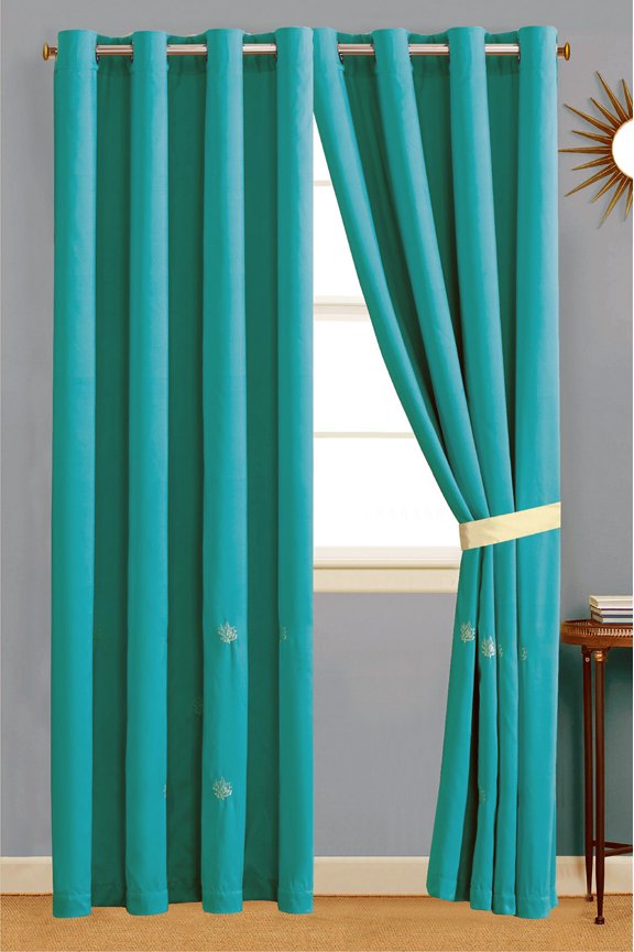 4-Pc Ariel Coral Reef Embroidery Curtain Set Turquoise Blue Off-White Ivory Drape Sheer Liner