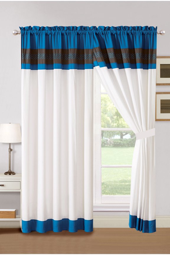4-Pc Aziza Moroccan Trellis Embroidery Curtain Set Blue Off-White Gray Valance Drape Sheer Liner