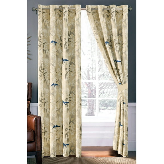 4-Pc Bamboo Forest Curtain Set Blue Beige Ivory Metal Grommet Sheer Liner Drape