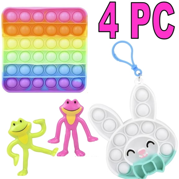 4 Pc Bunnies & More Kids Easter Basket Egg Stuffers/Fillers - Girl's Stress Fidget Toy Gift Set (2 Easter Bubble Poppers & 2 Bendable Frogs)
