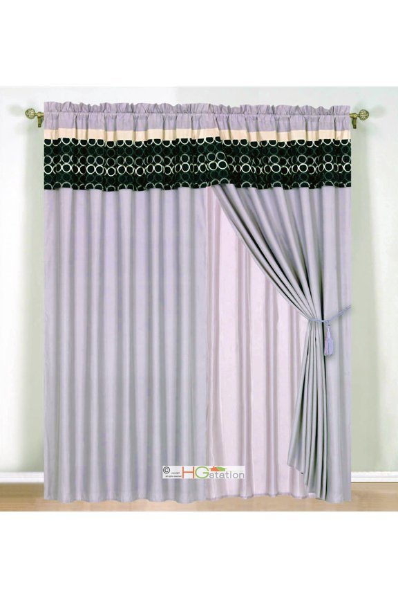 4-Pc Circle Geometric Embroidery Striped Curtain Set Lavender Black Beige Valance Drape
