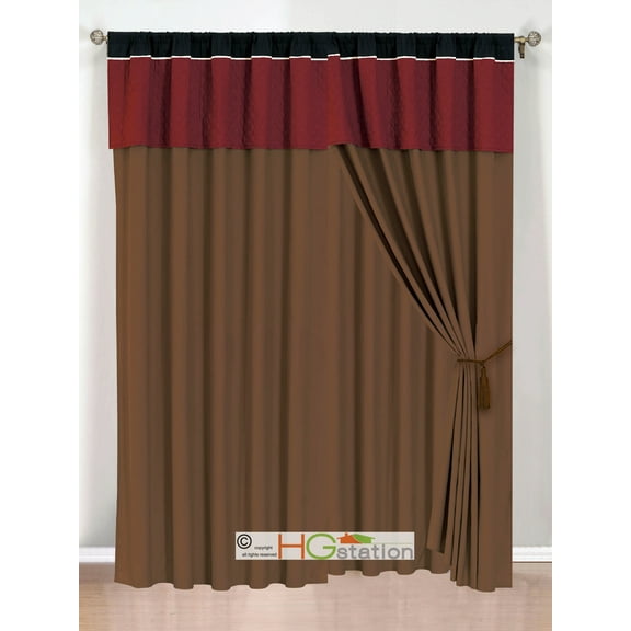 4-Pc Clover Trellis Floral Geometric Curtain Set Burgundy Black Coffee Off-White Valance Drape Sheer Liner