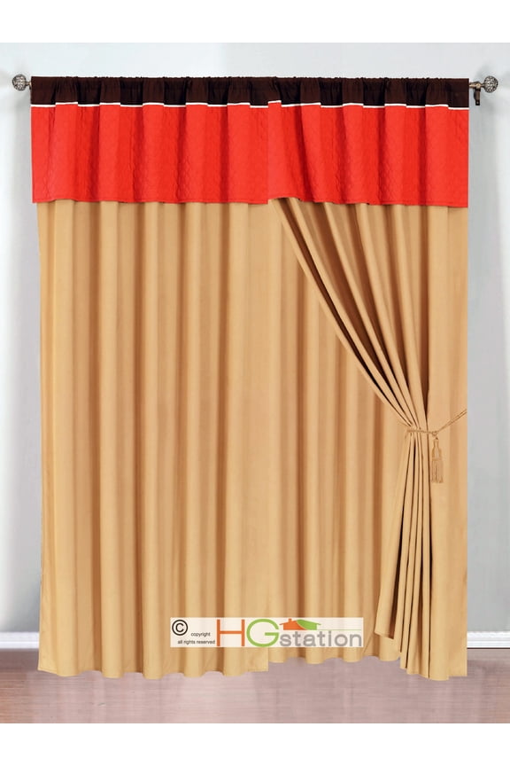 4-Pc Clover Trellis Floral Geometric Curtain Set Orange Brown Gold Off-White Valance Drape Sheer Liner
