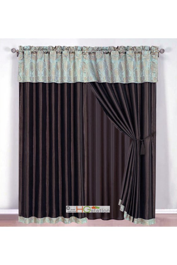 4-Pc Damask Floral Medallion Clamshell Jacquard Curtain Set Seafoam Blue Chocolate Valance Drape Liner Tieback
