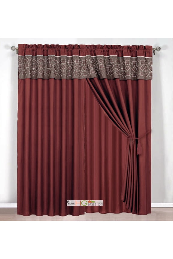4-Pc Embroidered Medallion Geometric Circle Diamond Curtain Set Rust Coffee Valance Drape Liner