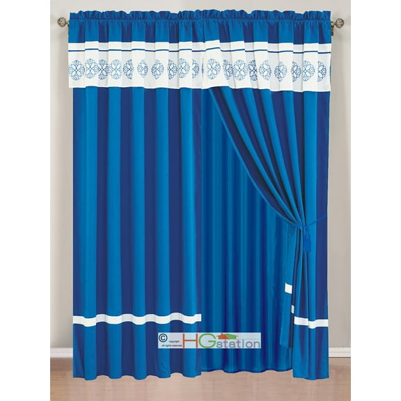 4-Pc Embroidery Floral Scroll Medallion Bouquet Rangoli Striped Curtain Set Blue Off-White Valance Drape Sheer Liner