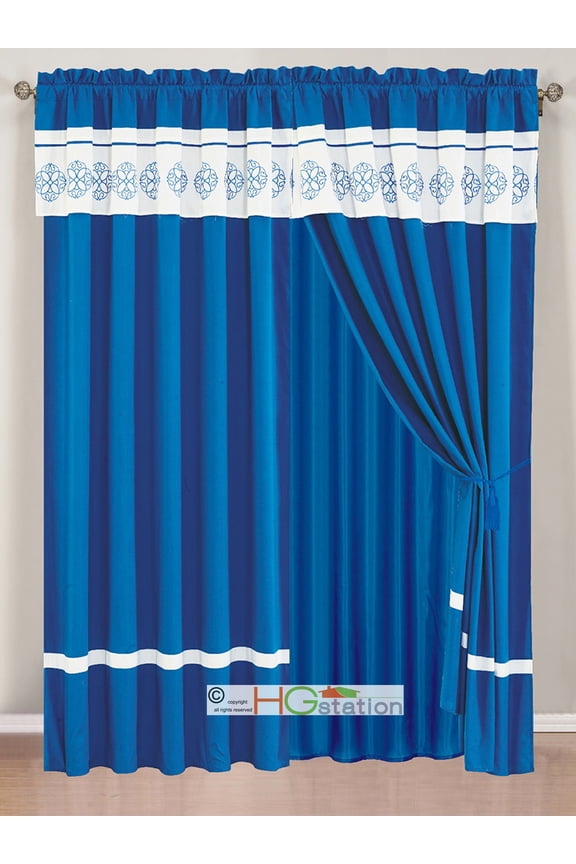 4-Pc Embroidery Floral Scroll Medallion Bouquet Rangoli Striped Curtain Set Blue Off-White Valance Drape Sheer Liner