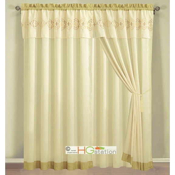 4-Pc Embroidery Quatrefoil Geometric Trellis Striped Curtain Set Cream Yellow Ivory Valance Drape Sheer Liner