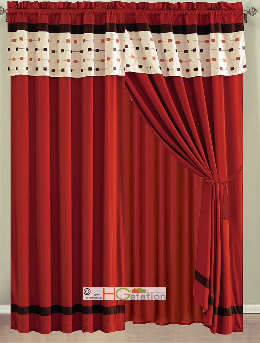 Rectangular Curtains 4-Pc Embroidery Rectangles Striped Curtain Set Red-Orange Brown Ivory ...
