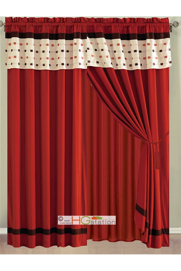 4-Pc Embroidery Rectangles Striped Curtain Set Red-Orange Brown Ivory Valance Drape Sheer Liner