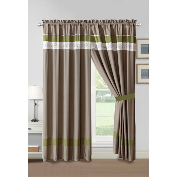 4-Pc Faiza Moroccan Trellis Floral Embroidery Curtain Set Taupe Sage Off-White Valance Drape Sheer Liner