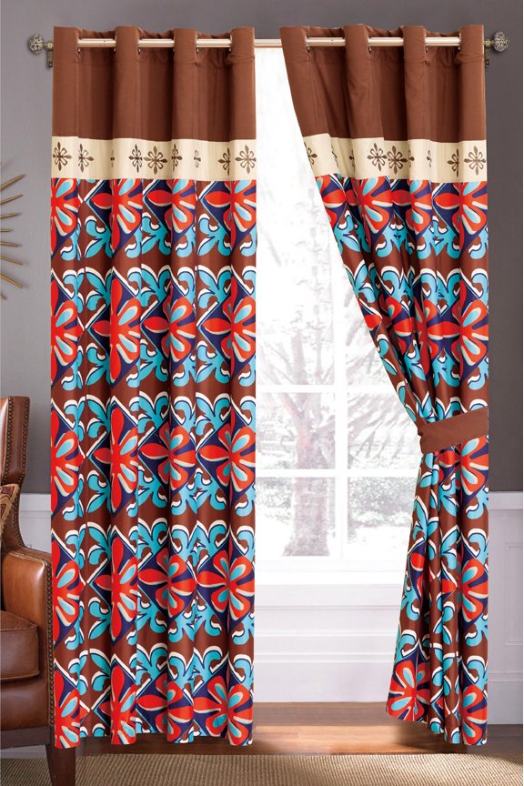 4-Pc Fleur-de-lis Floral Damask Royal Embroidery Curtain Set Beige Brown Orange Blue Sheer Liner Drape