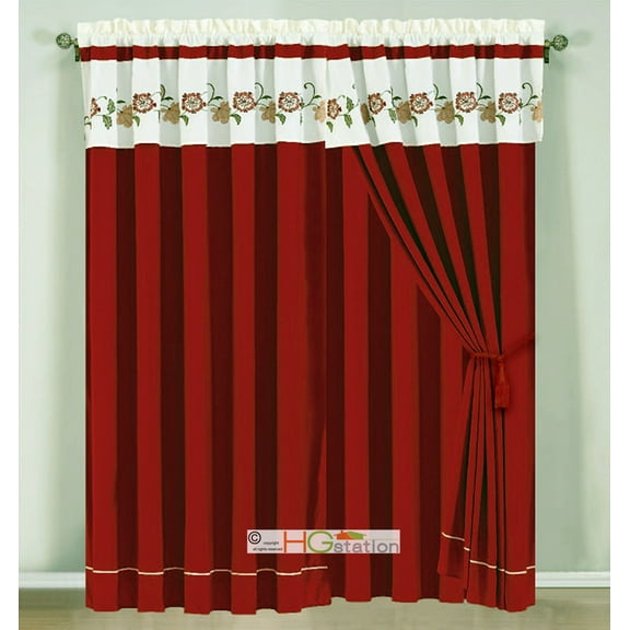 4-Pc Floral Blossom Vine Scroll Embroidery Curtain Set Ivory Red Drape Liner Valance