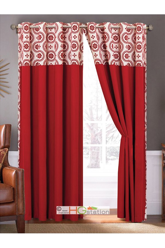 4-Pc Floral Circles Dots Metal Grommet Curtain Set Red Ivory Valance Drape Sheer Liner