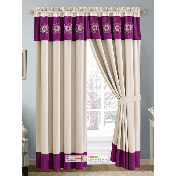 4-Pc Geometric Floral Embroidery Curtain Set Violet Purple Gold White Khaki Valance Drape Sheer Liner