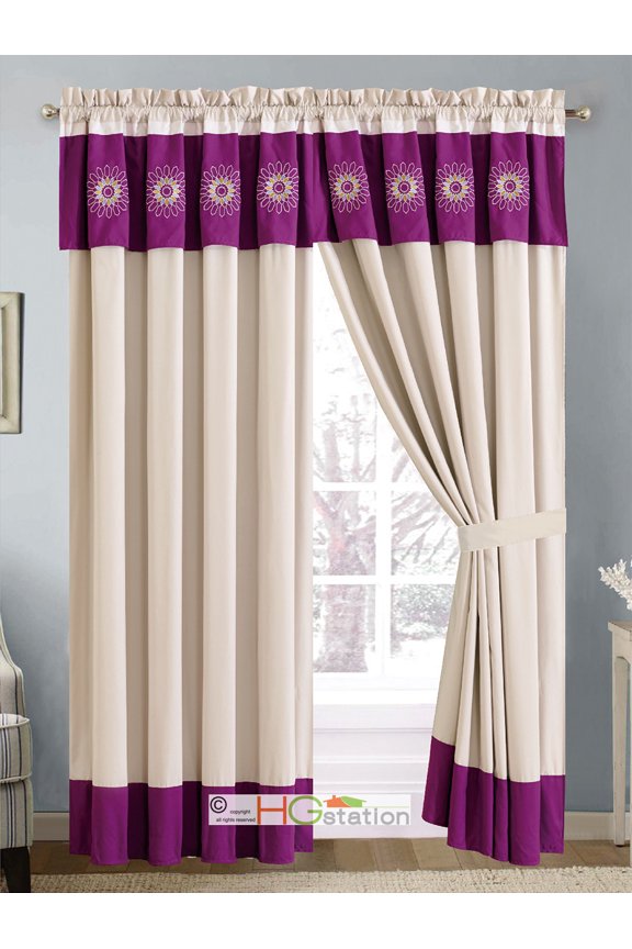 4-Pc Geometric Floral Embroidery Curtain Set Violet Purple Gold White Khaki Valance Drape Sheer Liner